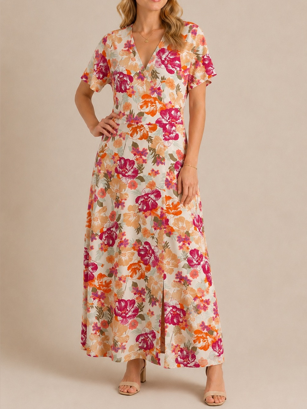 WAYF Floral Maxi Dress V-Neck Front Slit Stretch Midi Maxi Medium Tropical